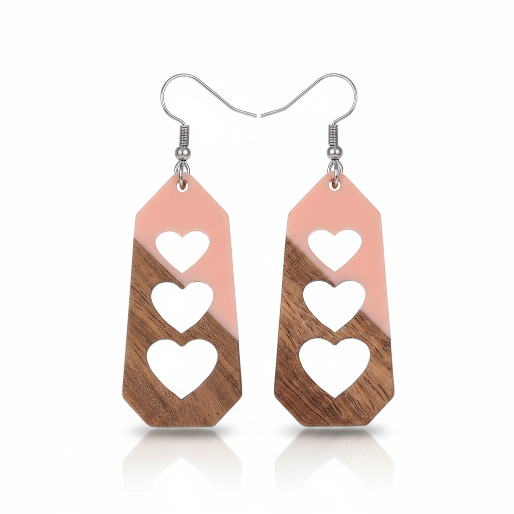 Pink Resin & Wood Silvertone Graduated Heart Hook Earrings - Street Region