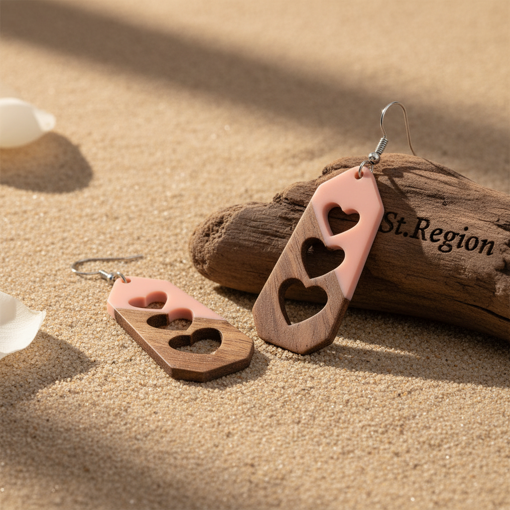 Pink Resin & Wood Silvertone Graduated Heart Hook Earrings - Street Region