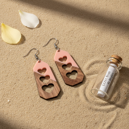 Pink Resin & Wood Silvertone Graduated Heart Hook Earrings - Street Region