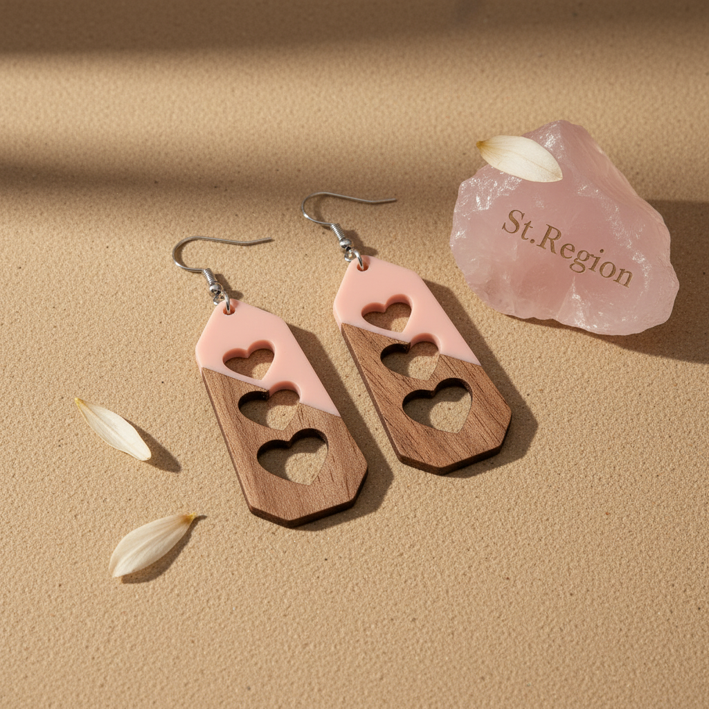 Pink Resin & Wood Silvertone Graduated Heart Hook Earrings - Street Region