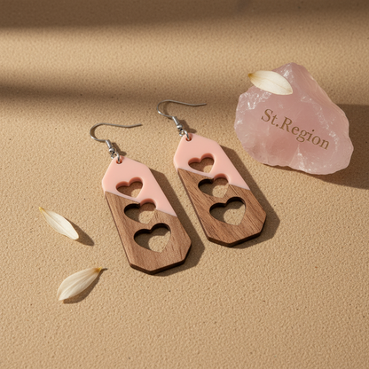 Pink Resin & Wood Silvertone Graduated Heart Hook Earrings - Street Region