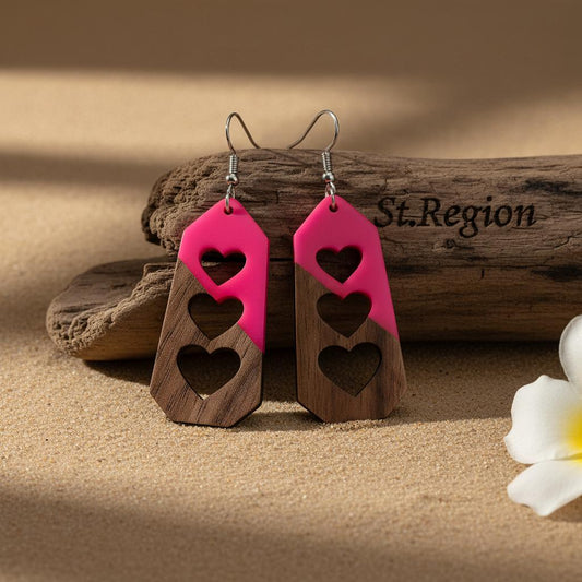 Rose Resin and Wood Silvertone Graduated Heart Hook Earrings, gold drop earrings for women, everyday style, front view
