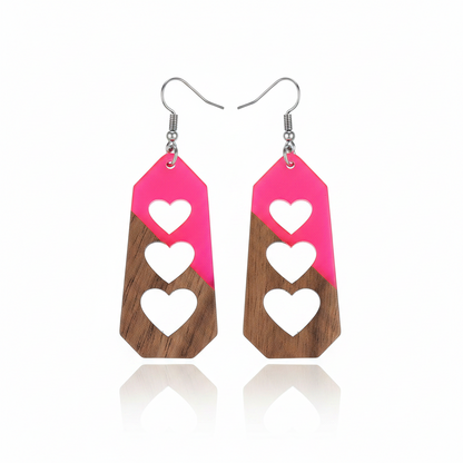 Rose Resin & Wood Silvertone Graduated Heart Hook Earrings - Street Region
