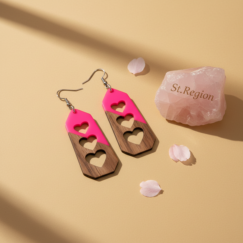 Rose Resin & Wood Silvertone Graduated Heart Hook Earrings - Street Region