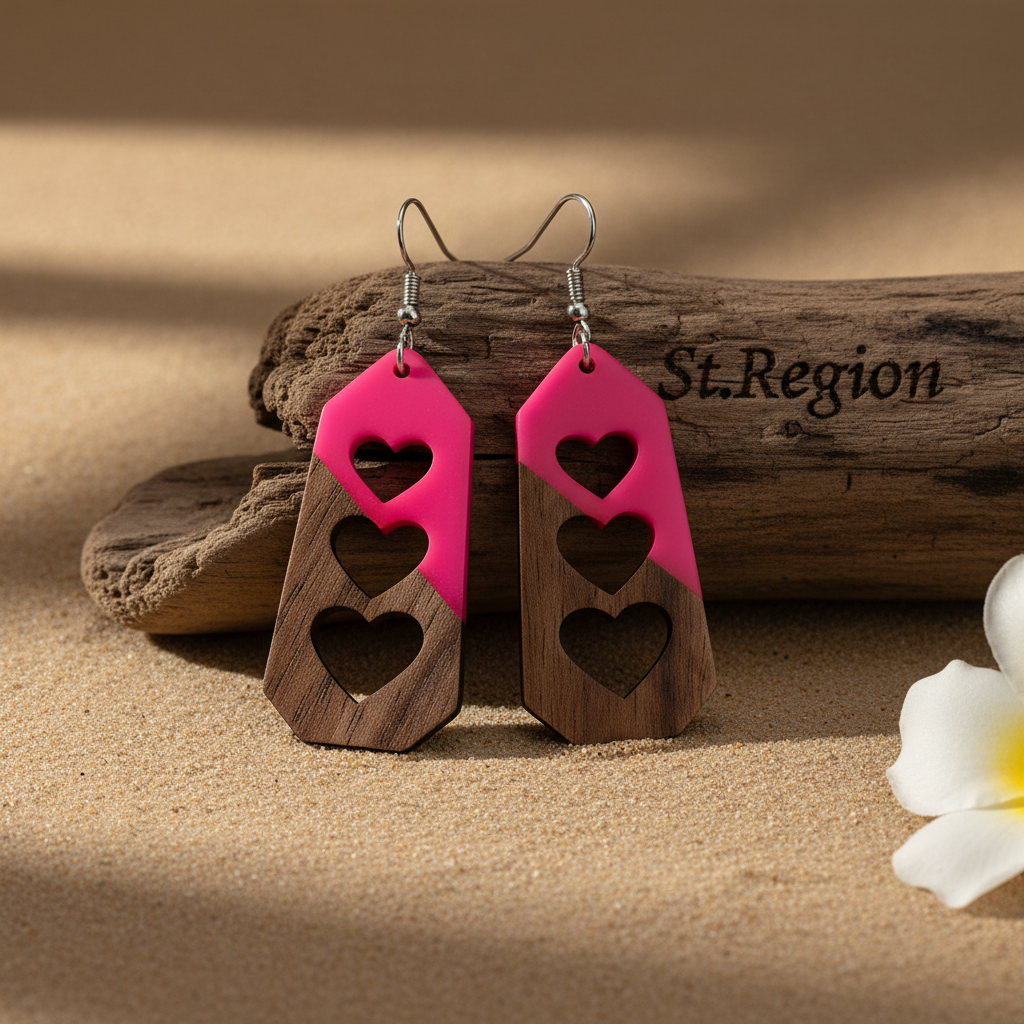 Rose Resin & Wood Silvertone Graduated Heart Hook Earrings - Street Region
