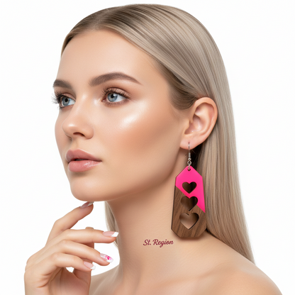 Rose Resin & Wood Silvertone Graduated Heart Hook Earrings - Street Region