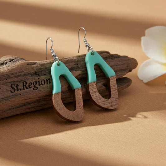 Green Resin and Wood Silvertone Irregular Teardrop Hook Earrings, gold drop earrings for women, front view