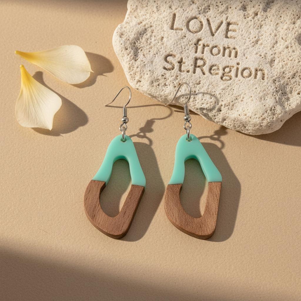 Green Resin and Wood Silvertone Irregular Teardrop Hook Earrings, silver drop earrings for women, lifestyle look