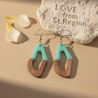 Green Resin and Wood Silvertone Irregular Teardrop Hook Earrings, silver drop earrings for women, lifestyle look