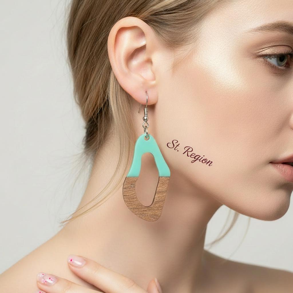 Green Resin and Wood Silvertone Irregular Teardrop Hook Earrings, silver drop earrings for women, styled look