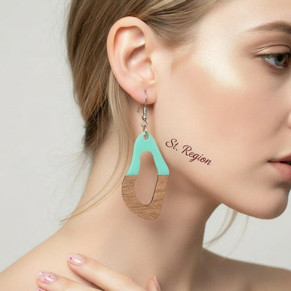 Green Resin and Wood Silvertone Irregular Teardrop Hook Earrings, silver drop earrings for women, styled look