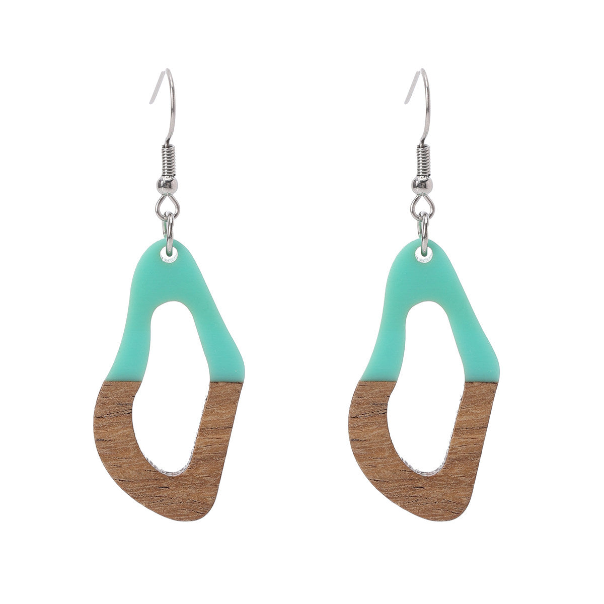 Green Resin & Wood Silvertone Irregular Teardrop Hook Earrings - Street Region
