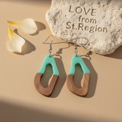 Green Resin & Wood Silvertone Irregular Teardrop Hook Earrings - Street Region