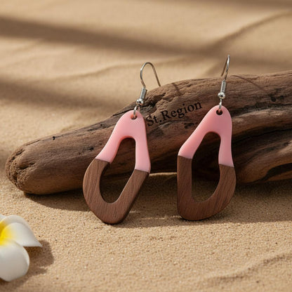 Pink Resin and Wood Silvertone Irregular Teardrop Hook Earrings, silver drop earrings for women, everyday style, front view