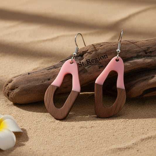 Pink Resin and Wood Silvertone Irregular Teardrop Hook Earrings, gold drop earrings for women, everyday style, front view