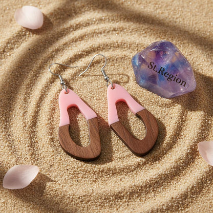 Pink Resin and Wood Silvertone Irregular Teardrop Hook Earrings, silver drop earrings for women, detail close-up
