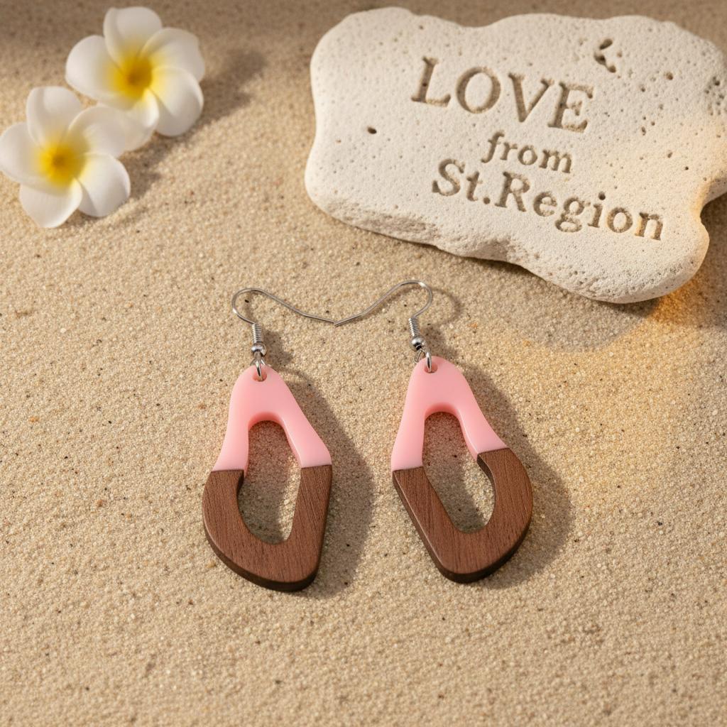 Pink Resin and Wood Silvertone Irregular Teardrop Hook Earrings, silver drop earrings for women, lifestyle look