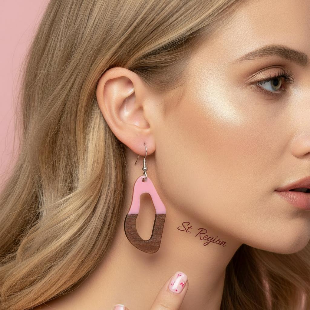 Pink Resin and Wood Silvertone Irregular Teardrop Hook Earrings, silver drop earrings for women, everyday style, styled look