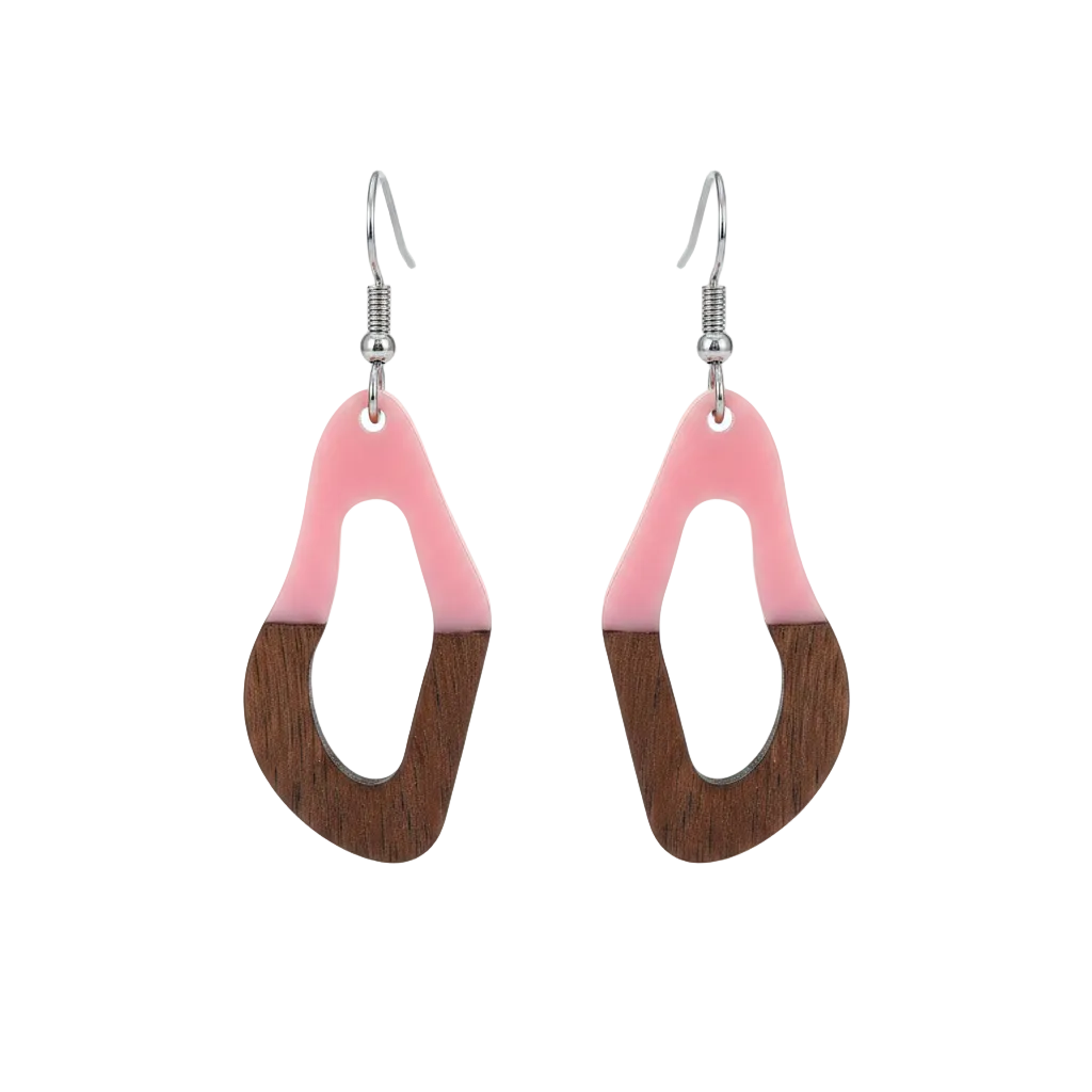 Pink Resin & Wood Silvertone Irregular Teardrop Hook Earrings - Street Region
