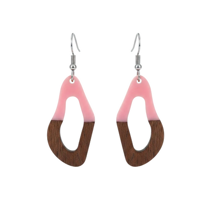 Pink Resin & Wood Silvertone Irregular Teardrop Hook Earrings - Street Region