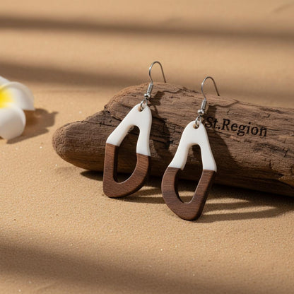 White Resin and Wood Silvertone Irregular Teardrop Hook Earrings, silver drop earrings for women, everyday style, front view