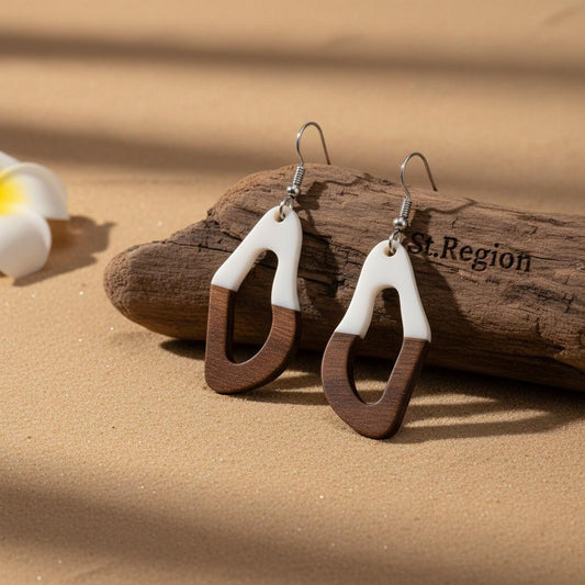 White Resin and Wood Silvertone Irregular Teardrop Hook Earrings, gold drop earrings for women, everyday style, front view