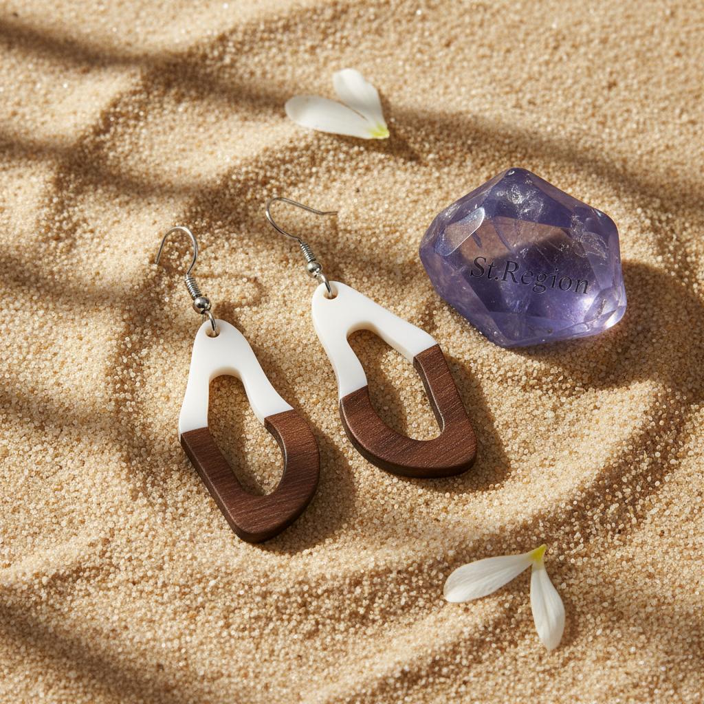 White Resin and Wood Silvertone Irregular Teardrop Hook Earrings, silver drop earrings for women, detail close-up