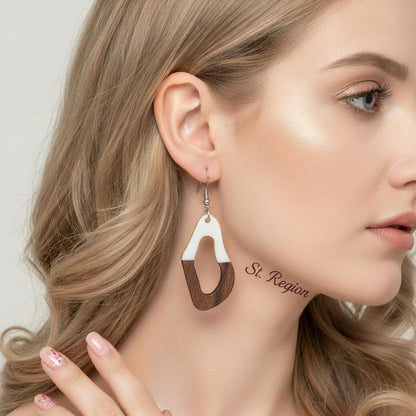 White Resin and Wood Silvertone Irregular Teardrop Hook Earrings, silver drop earrings for women, everyday style, styled look
