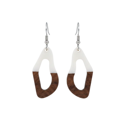 White Resin & Wood Silvertone Irregular Teardrop Hook Earrings - Street Region