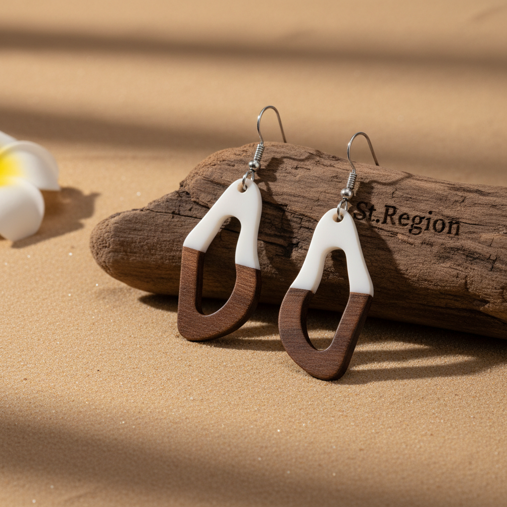White Resin & Wood Silvertone Irregular Teardrop Hook Earrings - Street Region