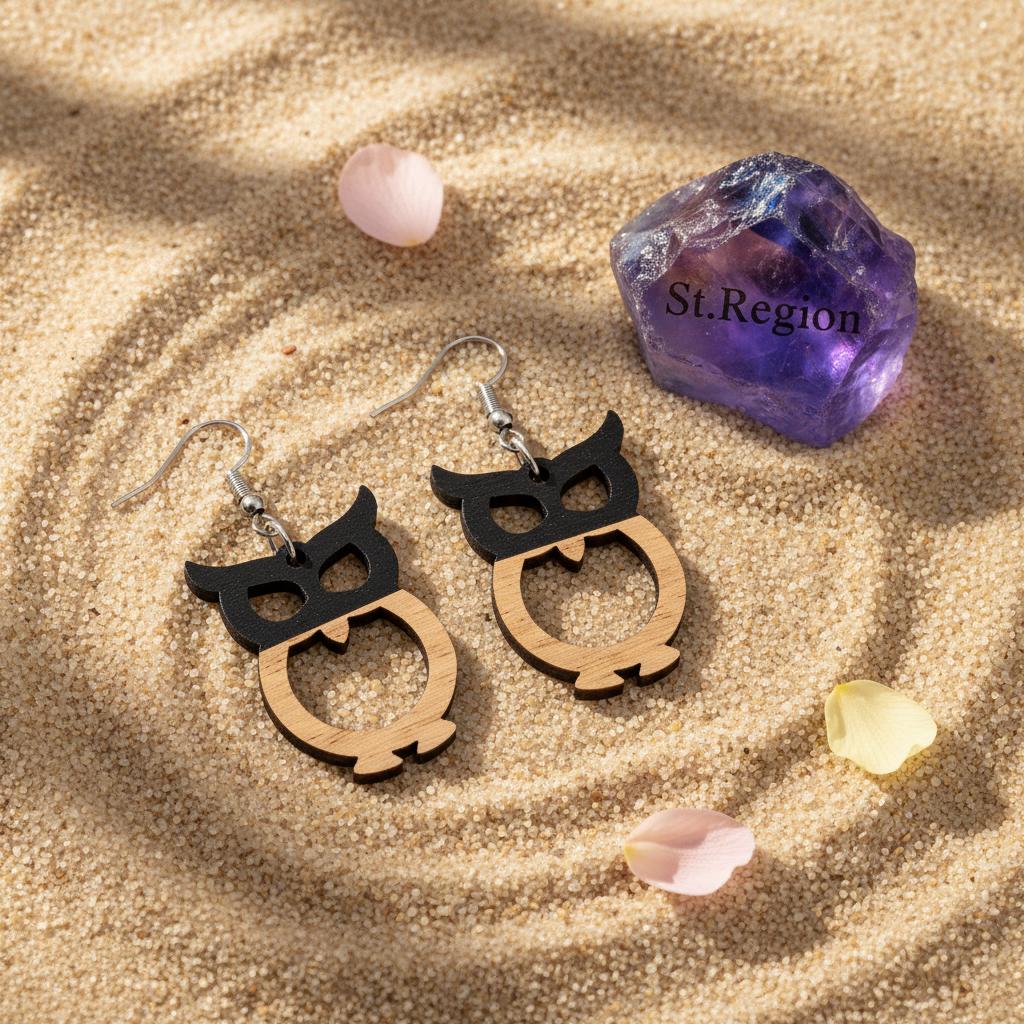 Black Resin and Wood Silvertone Owl Hook Earrings, silver drop earrings for women, botanical inspired, detail close-up