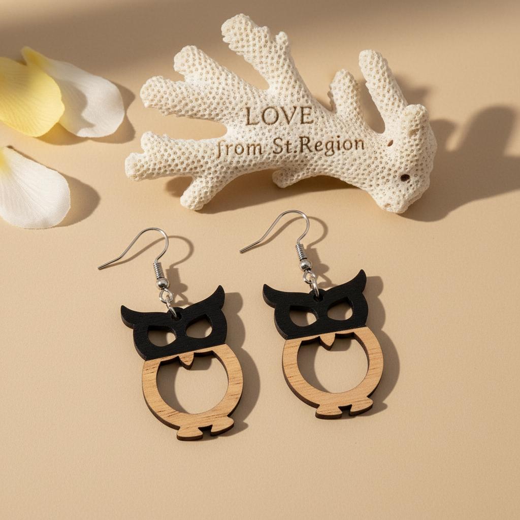 Black Resin and Wood Silvertone Owl Hook Earrings, silver drop earrings for women, botanical inspired, lifestyle look