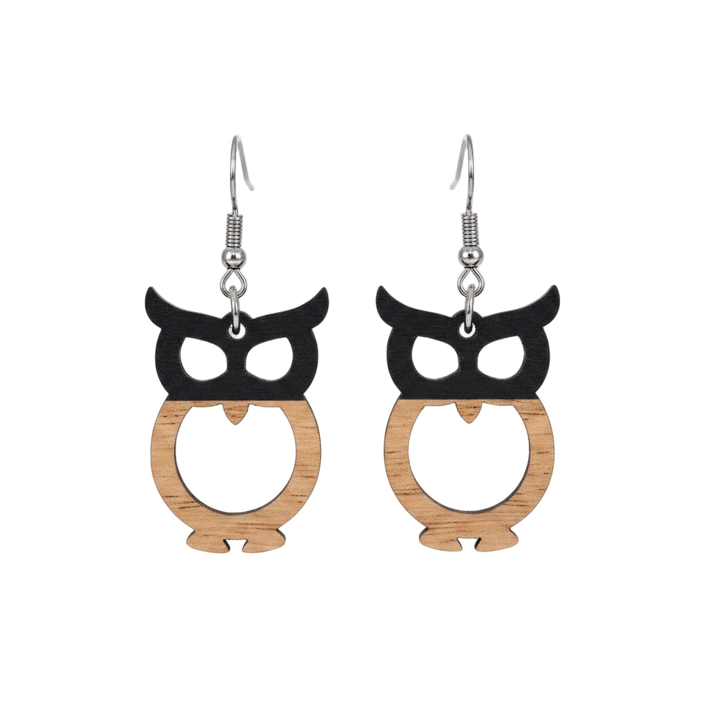 Black Resin & Wood Silvertone Owl Hook Earrings - Street Region