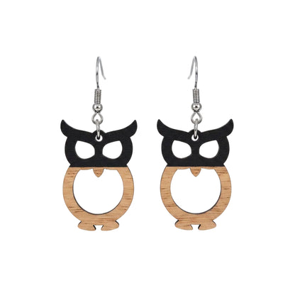 Black Resin & Wood Silvertone Owl Hook Earrings - Street Region