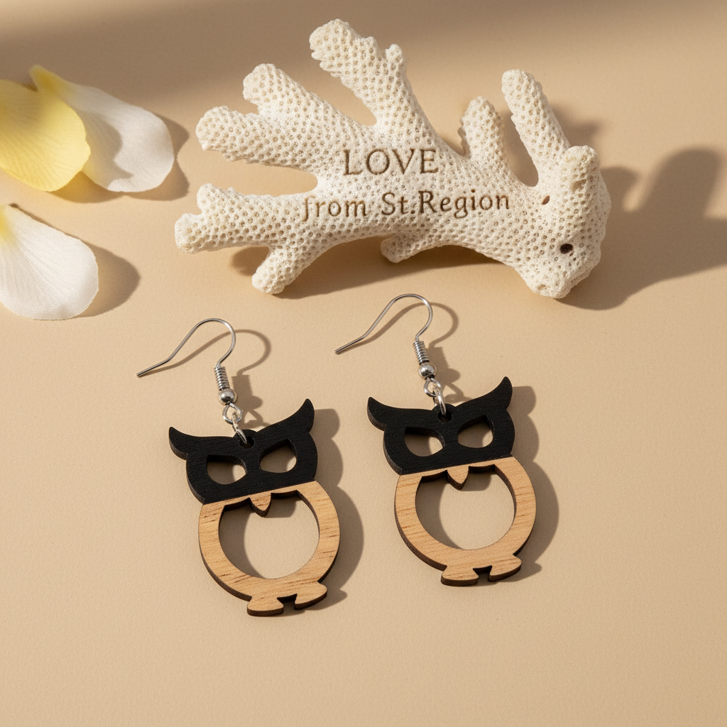 Black Resin & Wood Silvertone Owl Hook Earrings - Street Region