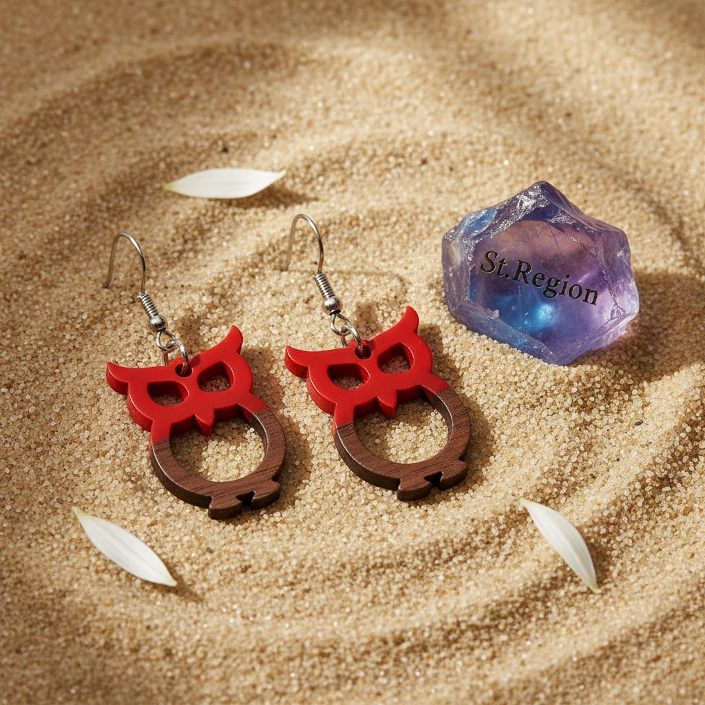 Red Resin and Wood Silvertone Owl Hook Earrings, silver drop earrings for women, botanical inspired, detail close-up