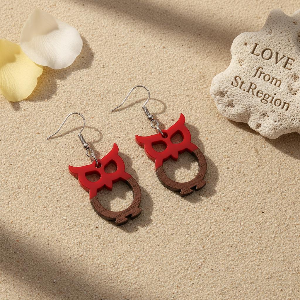 Red Resin and Wood Silvertone Owl Hook Earrings, silver drop earrings for women, botanical inspired, lifestyle look
