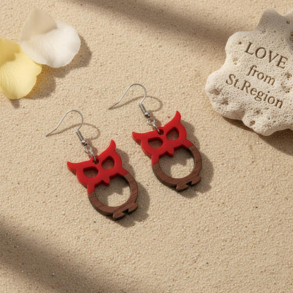 Red Resin and Wood Silvertone Owl Hook Earrings, silver drop earrings for women, botanical inspired, lifestyle look
