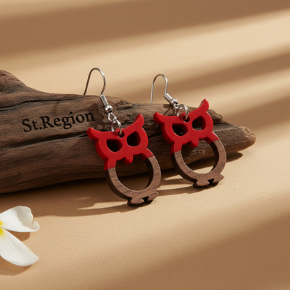Red Resin & Wood Silvertone Owl Hook Earrings - Street Region