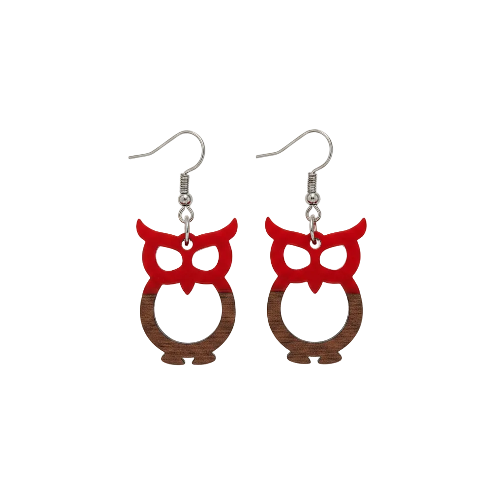 Red Resin & Wood Silvertone Owl Hook Earrings - Street Region