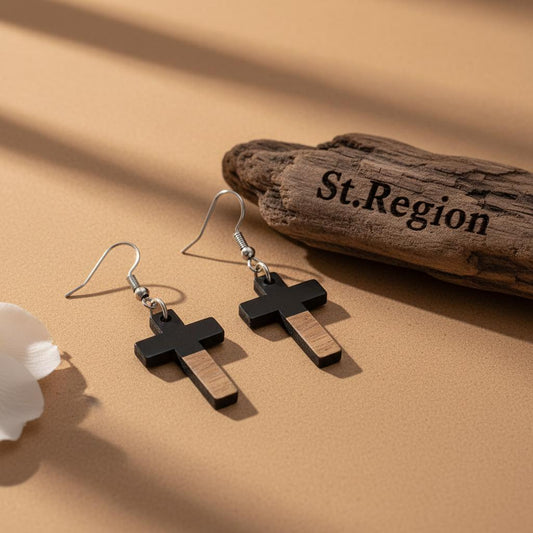Black Resin and Wood Silvertone Cross Hook Earrings, gold drop earrings for women, elegant gift for her, front view