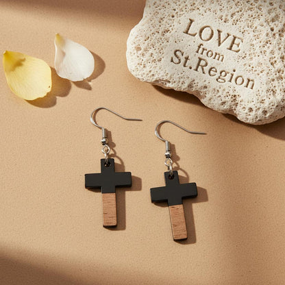 Black Resin and Wood Silvertone Cross Hook Earrings, silver drop earrings for women, elegant gift for her, lifestyle look