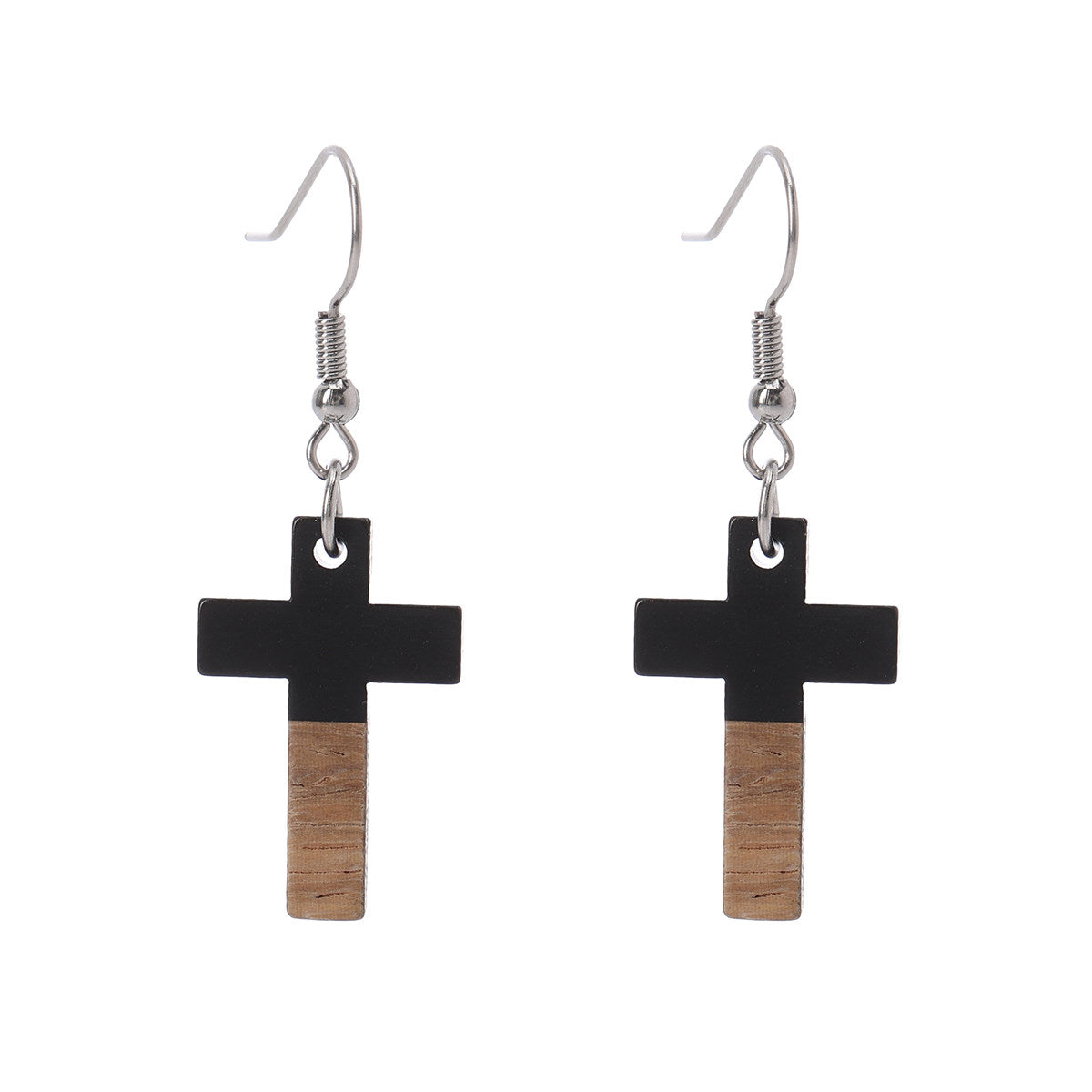Black Resin & Wood Silvertone Cross Hook Earrings - Street Region