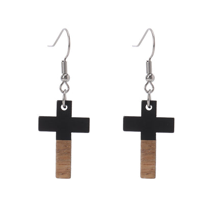 Black Resin & Wood Silvertone Cross Hook Earrings - Street Region