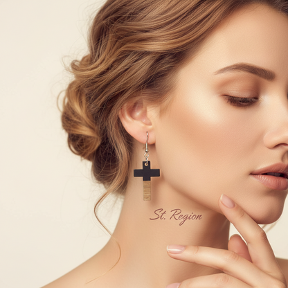 Black Resin & Wood Silvertone Cross Hook Earrings - Street Region