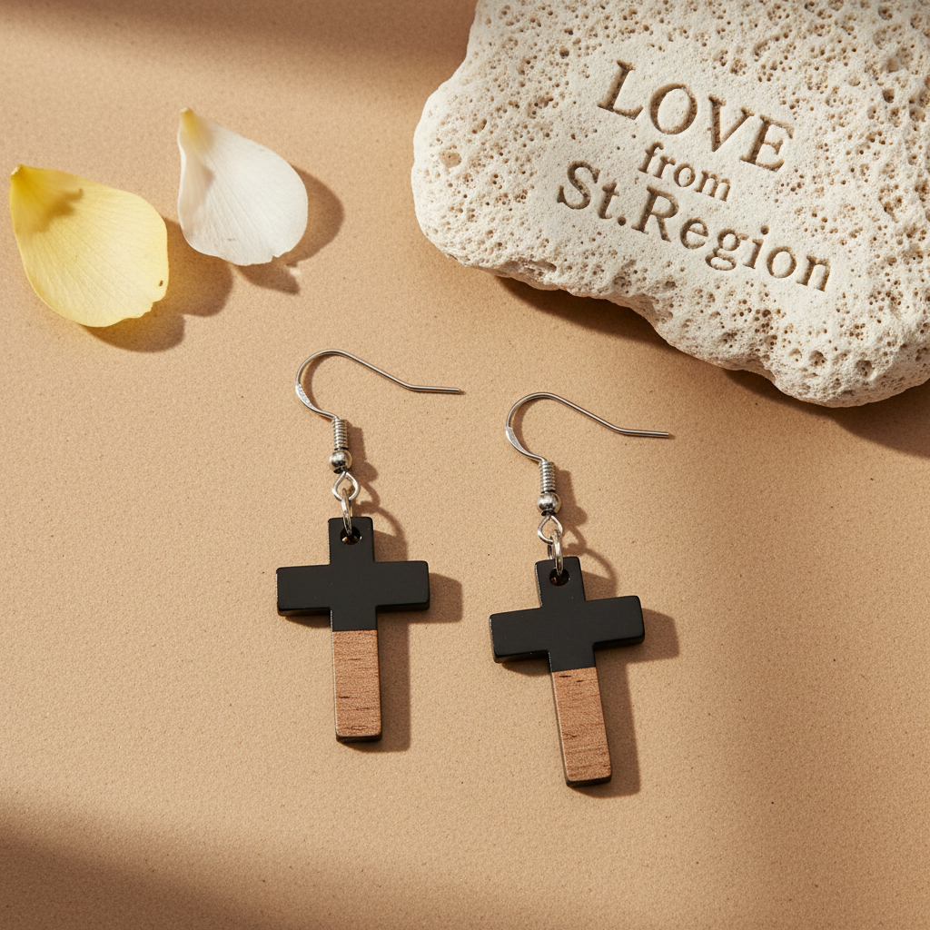 Black Resin & Wood Silvertone Cross Hook Earrings - Street Region