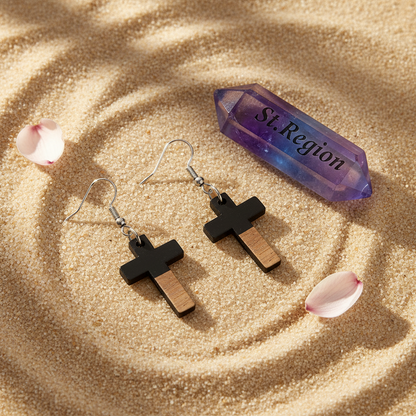 Black Resin & Wood Silvertone Cross Hook Earrings - Street Region