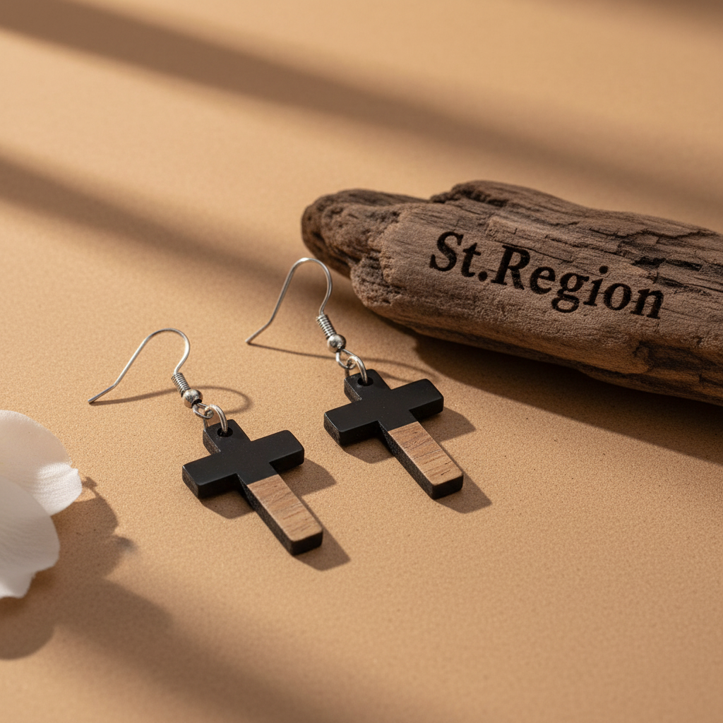 Black Resin & Wood Silvertone Cross Hook Earrings - Street Region