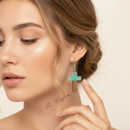 Green Resin & Wood Silvertone Cross Hook Earrings - Street Region