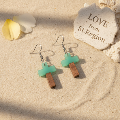 Green Resin & Wood Silvertone Cross Hook Earrings - Street Region